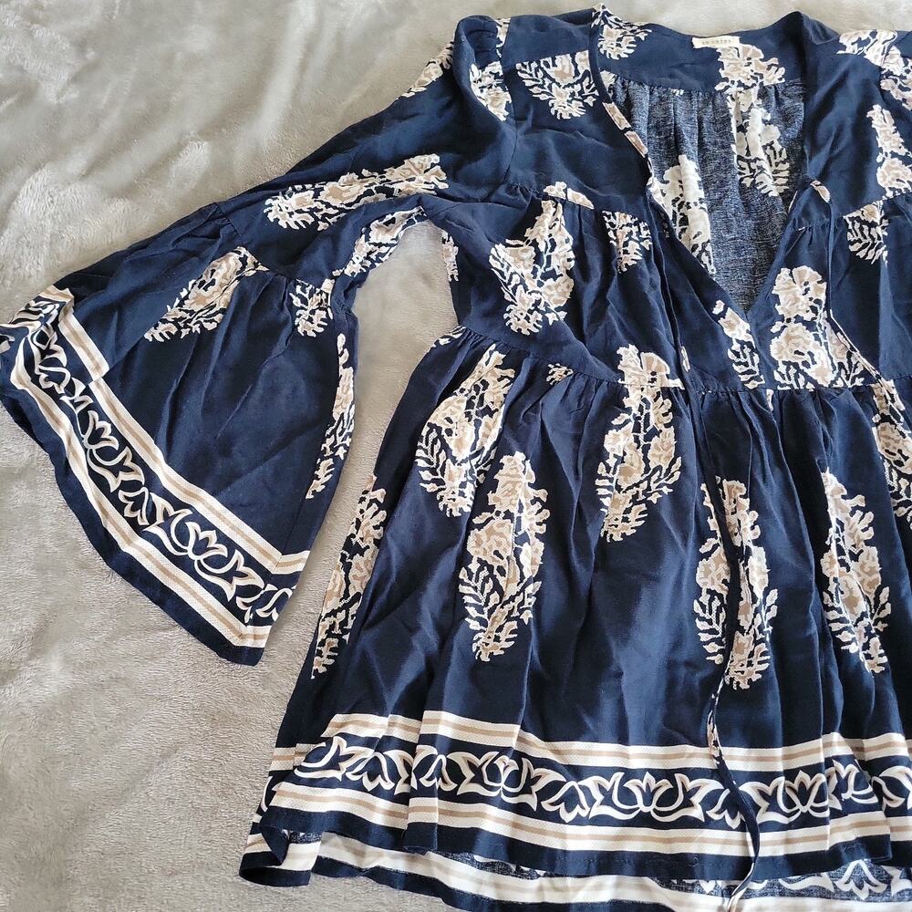 Womens Boho Flare Sleeve Blouse Size S Cottagecore Tassles Floral Coastal Beachy